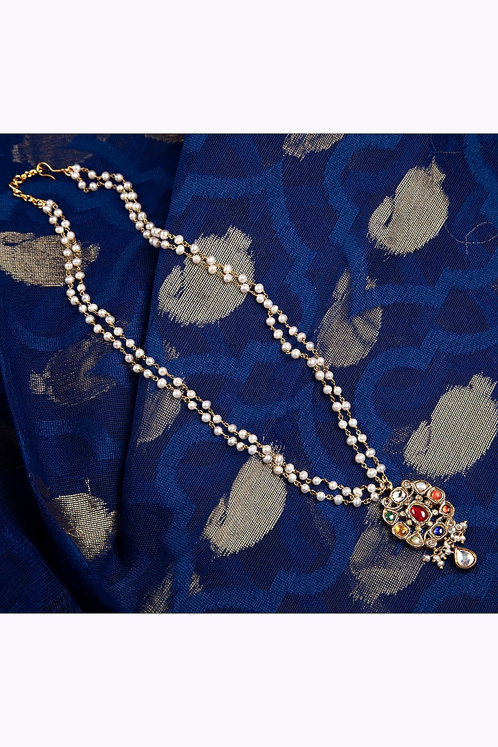 Gold Finish Kundan Polki & Multi-Colored Stone Necklace In Sterling Silver by Silver Art By Shri Paramani Jewels