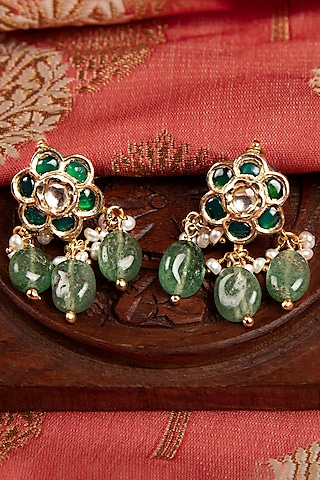 Gold Finish Kundan Polki & Emerald Stone Dangler Earrings In Sterling Silver by Silver Art By Shri Paramani Jewels