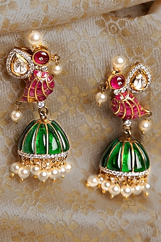 Gold Finish Kundan Polki & Pearl Dangler Earrings In Sterling Silver by Silver Art By Shri Paramani Jewels
