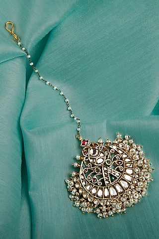 Gold Finish Kundan Polki & Multi-Colored Stone Maang Tikka In Sterling Silver by Silver Art By Shri Paramani Jewels