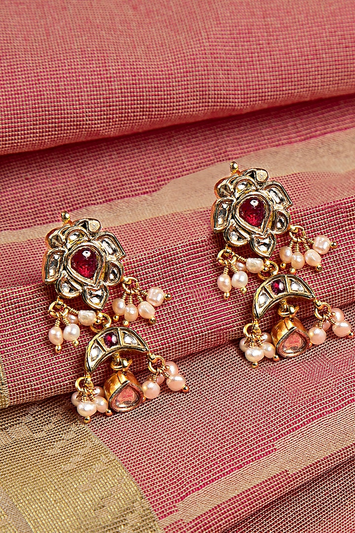 Gold Finish Ruby & Yellow Stone Dangler Earrings In Sterling Silver by Silver Art By Shri Paramani Jewels