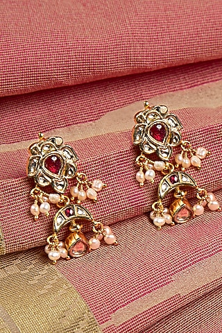 Gold Finish Ruby & Yellow Stone Dangler Earrings In Sterling Silver by Silver Art By Shri Paramani Jewels