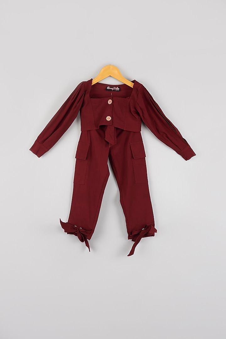 Wine Roko Twill Cotton Co-Ord Set For Girls by Sassy Kids