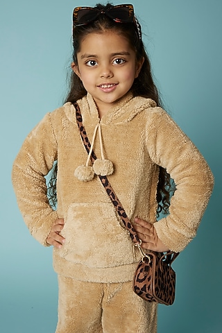 Beige Imported Fur Tracksuit For Girls by Sassy Kids
