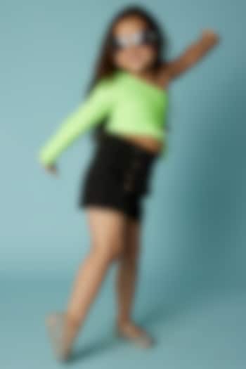 Neon Green Stretch Lycra One-Shoulder Crop Top For Girls by Sassy Kids