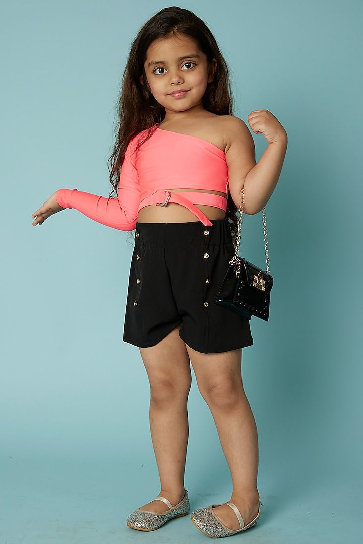 Neon Pink Stretch Lycra One-Shoulder Crop Top For Girls by Sassy Kids