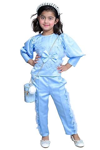 Powder Blue Milan Satin Co-Ord Set For Girls by Sassy Kids