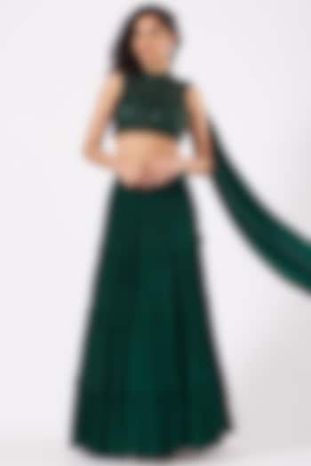 Bottle Green Viscose Crepe & Net Skirt Set by Sangeeta Swati