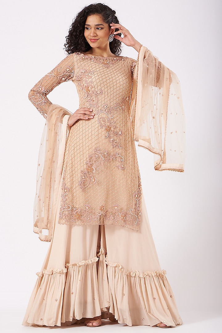 Peach Viscose Crepe & Net Gharara Set by Sangeeta Swati