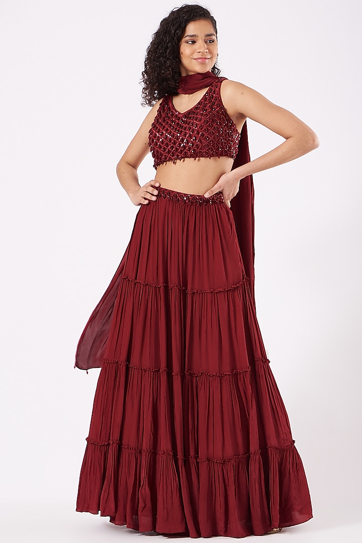 Ruby Red Viscose Crepe & Net Tiered Skirt Set by Sangeeta Swati
