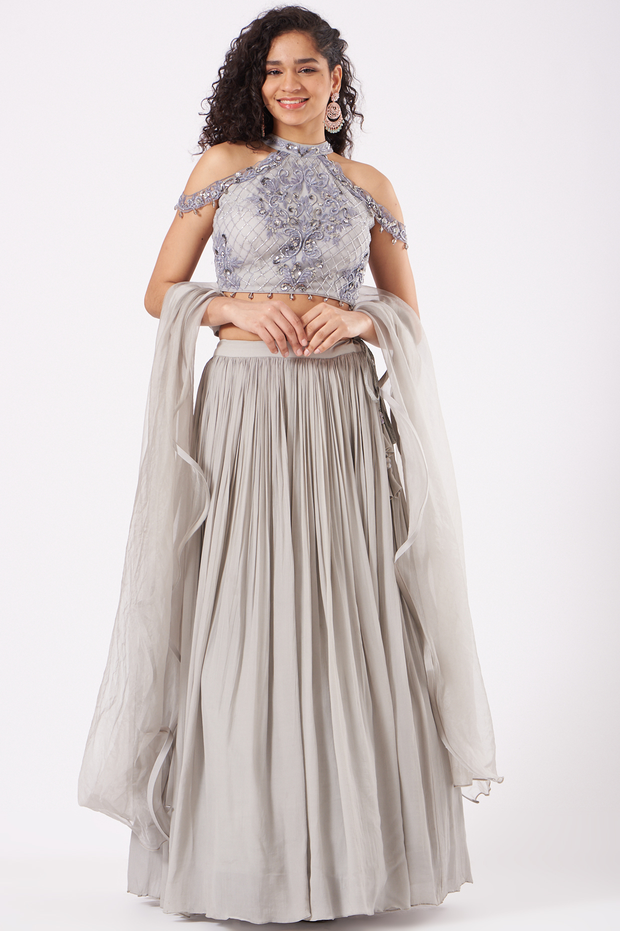 Grey Viscose Crepe & Net Gathered Skirt Set by Sangeeta Swati at Pernia's Pop Up Shop