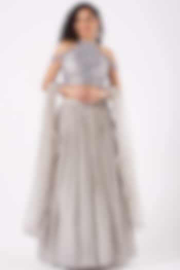 Grey Viscose Crepe & Net Gathered Skirt Set by Sangeeta Swati
