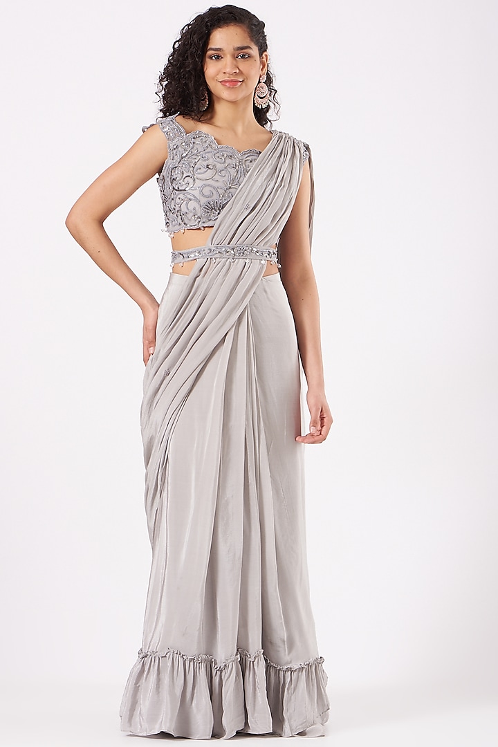 Steel Grey Viscose crepe Net Embroidered Draped Saree Set by Sangeeta Swati