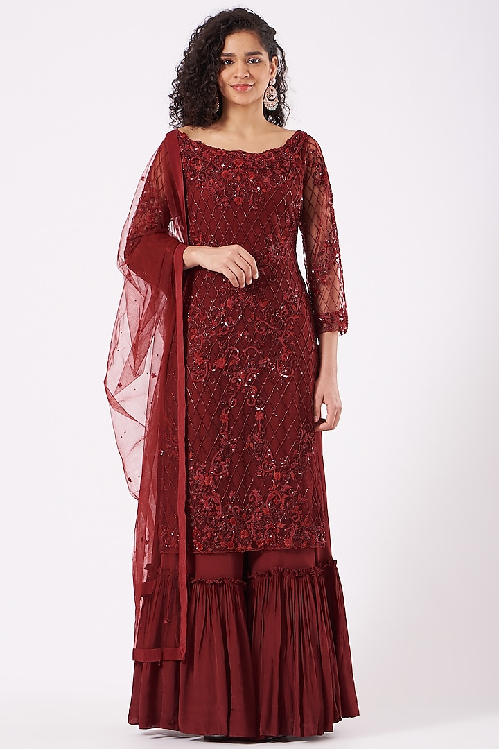 Ruby Red Viscose Crepe & Net Farshi Gharara Set by Sangeeta Swati