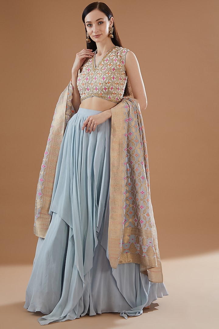 Ice Blue Viscose Crepe & Viscose Georgette Draped Gharchola Wedding Lehenga Set by Sangeeta Swati at Pernia's Pop Up Shop