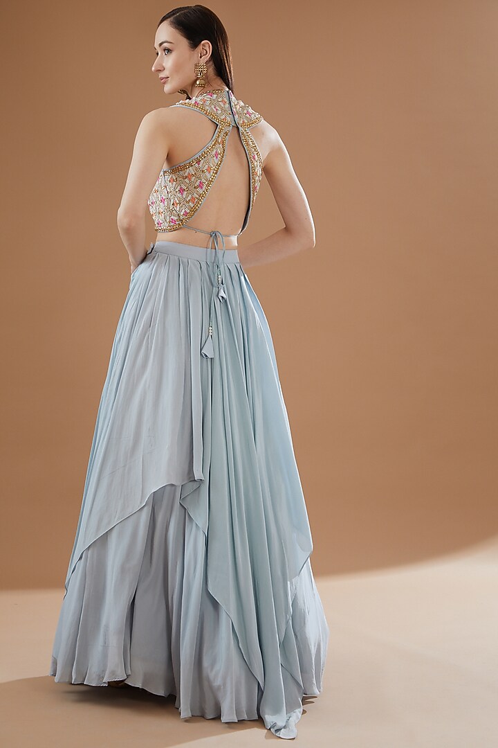 Ice Blue Viscose Crepe & Viscose Georgette Draped Gharchola Wedding Lehenga Set by Sangeeta Swati at Pernia's Pop Up Shop