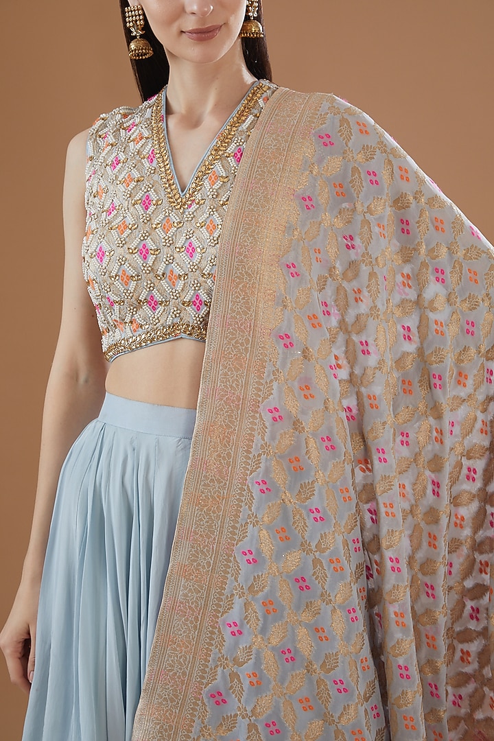 Ice Blue Viscose Crepe & Viscose Georgette Draped Gharchola Wedding Lehenga Set by Sangeeta Swati at Pernia's Pop Up Shop