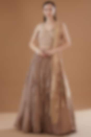 Nude Viscose Crepe & Viscose Georgette Draped Gharchola Wedding Lehenga Set by Sangeeta Swati at Pernia's Pop Up Shop