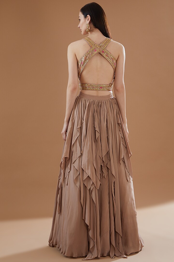 Nude Viscose Crepe & Viscose Georgette Draped Gharchola Wedding Lehenga Set by Sangeeta Swati at Pernia's Pop Up Shop