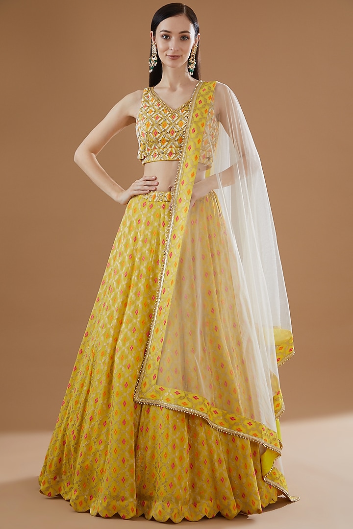 Yellow Viscose Georgette Hand Embroidered Lehenga Set by Sangeeta Swati