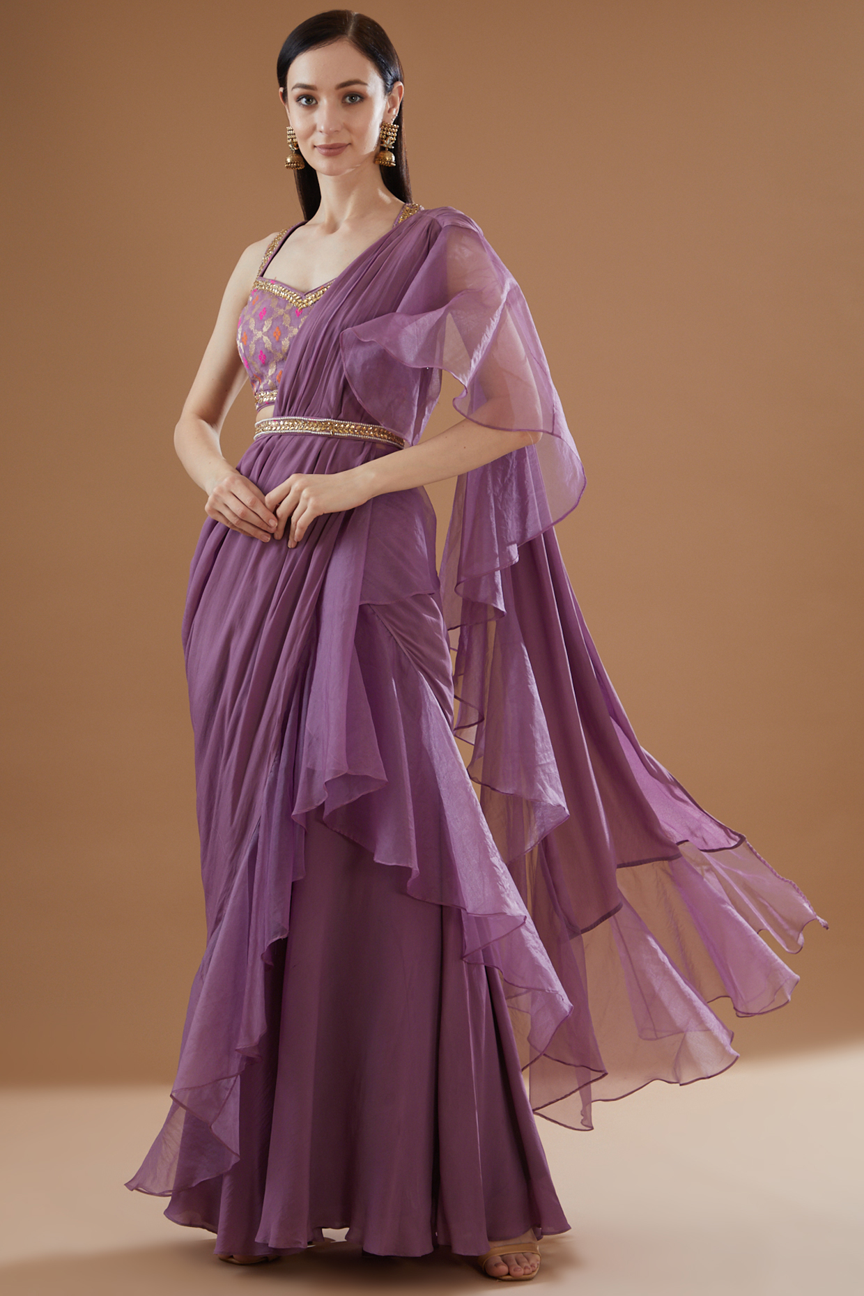 Mauve Viscose Georgette Hand Embroidered Ruffled Draped Party Wear Saree Set by Sangeeta Swati at Pernia's Pop Up Shop