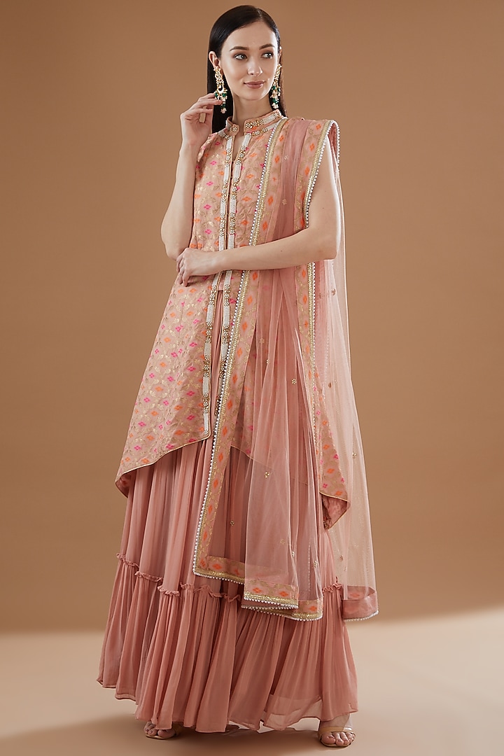 Peach Viscose Georgette Embroidered Jacket Lehenga Set by Sangeeta Swati at Pernia's Pop Up Shop