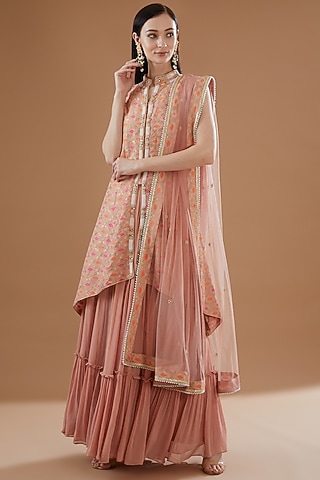Peach Viscose Georgette Embroidered Jacket Lehenga Set by Sangeeta Swati