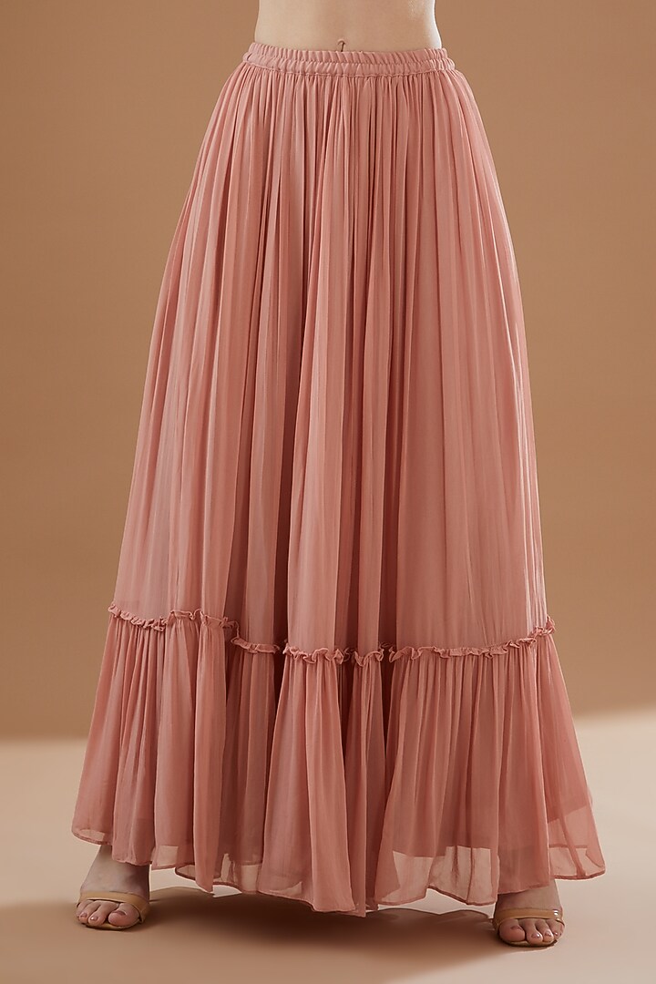 Peach Viscose Georgette Embroidered Jacket Lehenga Set by Sangeeta Swati at Pernia's Pop Up Shop