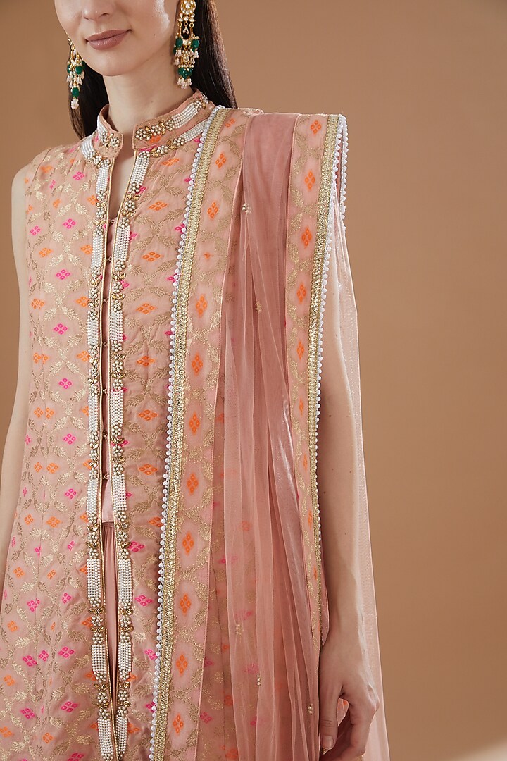 Peach Viscose Georgette Embroidered Jacket Lehenga Set by Sangeeta Swati at Pernia's Pop Up Shop