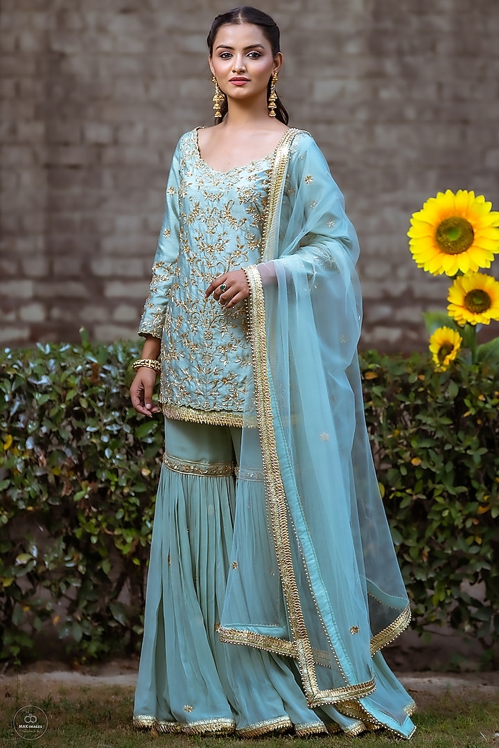 Medium Turquoise Dupion Silk Gharara Set by Sangeeta Swati