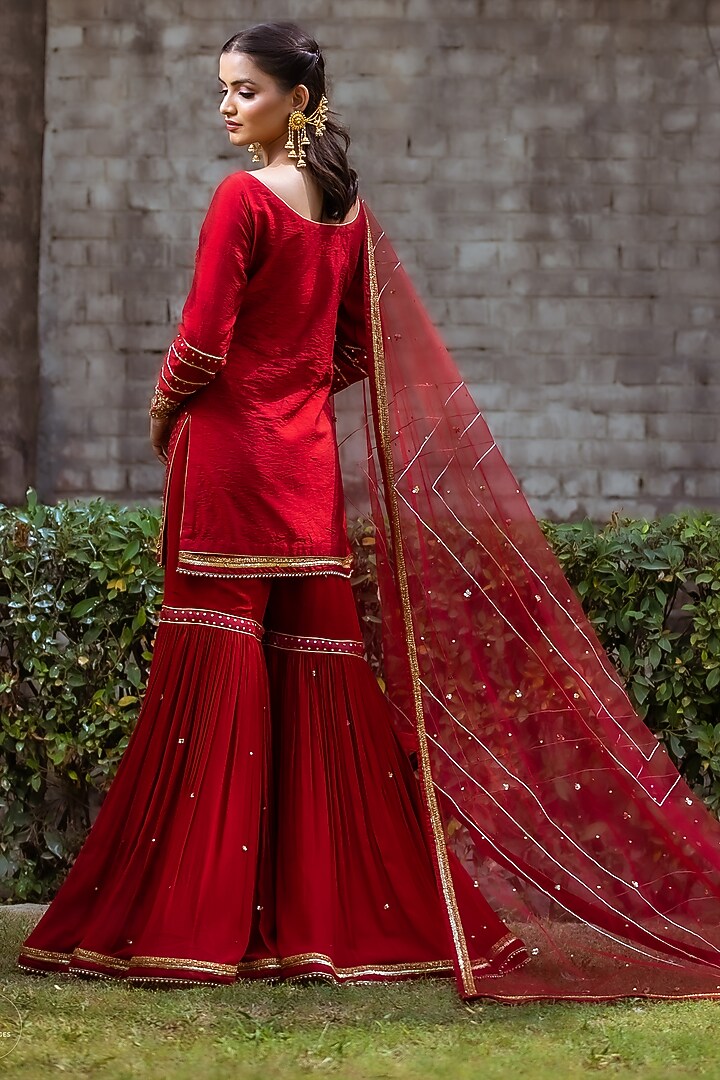 Maroon Dupion Silk Gharara Set by Sangeeta Swati at Pernia's Pop Up Shop