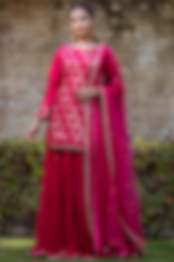 Hot Pink Dupion Silk Sharara Set by Sangeeta Swati