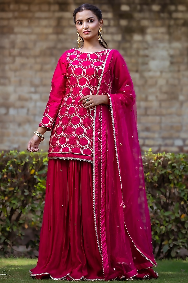 Hot Pink Dupion Silk Sharara Set by Sangeeta Swati