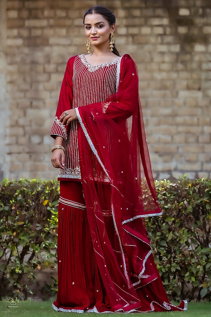 Maroon Viscose Georgette Gharara Set by Sangeeta Swati