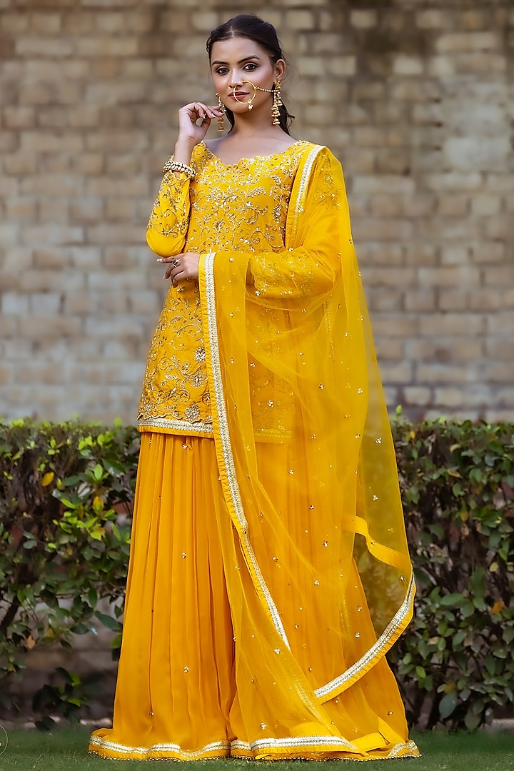 Mango Yellow Dupion Silk Sharara Set by Sangeeta Swati