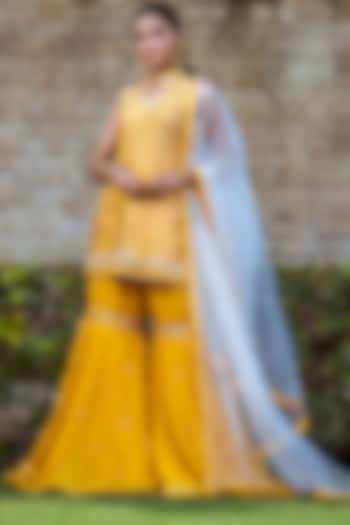 Mango Yellow Viscose Georgette Gharara Set by Sangeeta Swati at Pernia's Pop Up Shop