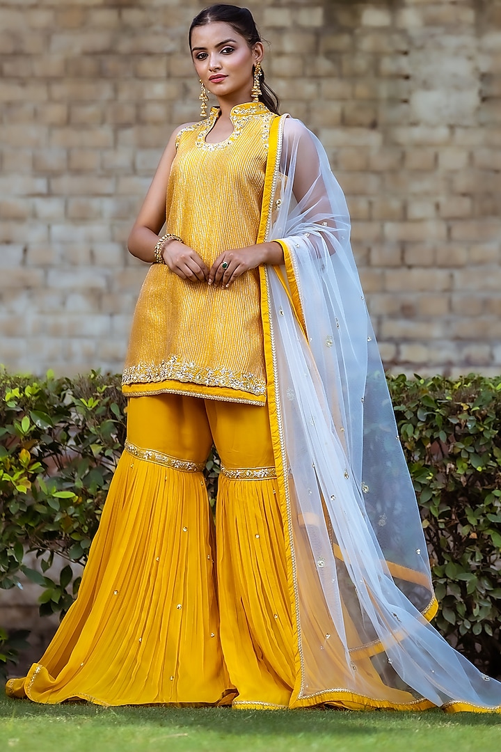Mango Yellow Viscose Georgette Gharara Set by Sangeeta Swati