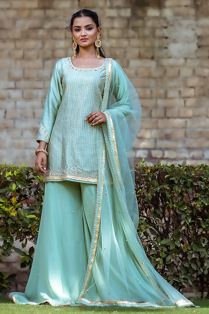 Medium Turquoise Dupion Silk Sharara Set by Sangeeta Swati