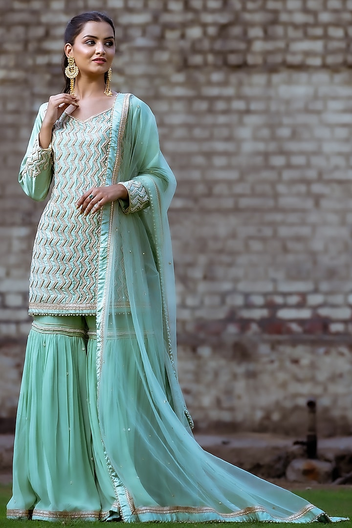 Medium Turquoise Viscose Gharara Set by Sangeeta Swati