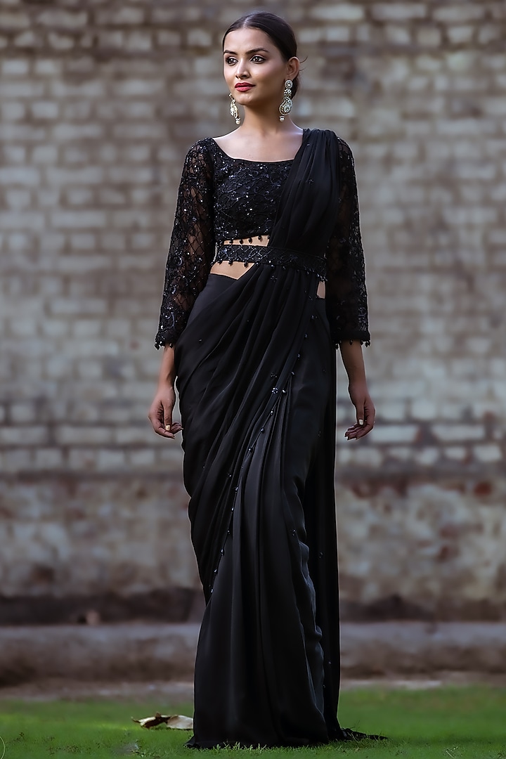 Black Embroidered Draped Saree Set by Sangeeta Swati
