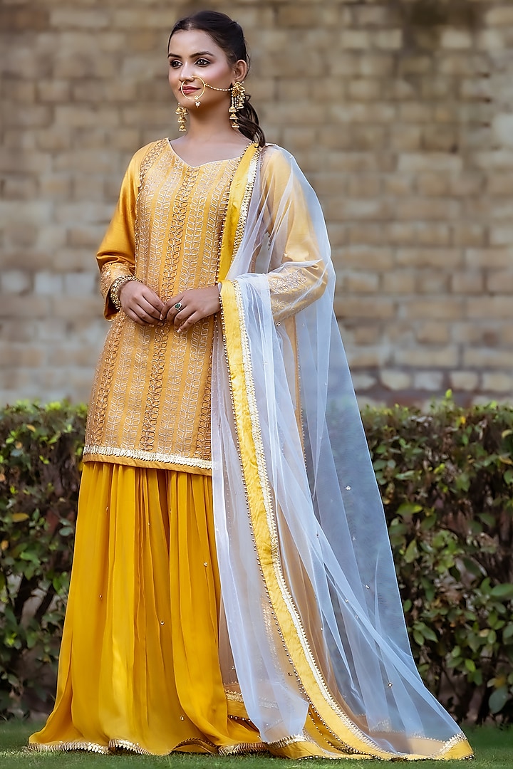 Dusty Yellow Dupion Silk Sharara Set by Sangeeta Swati