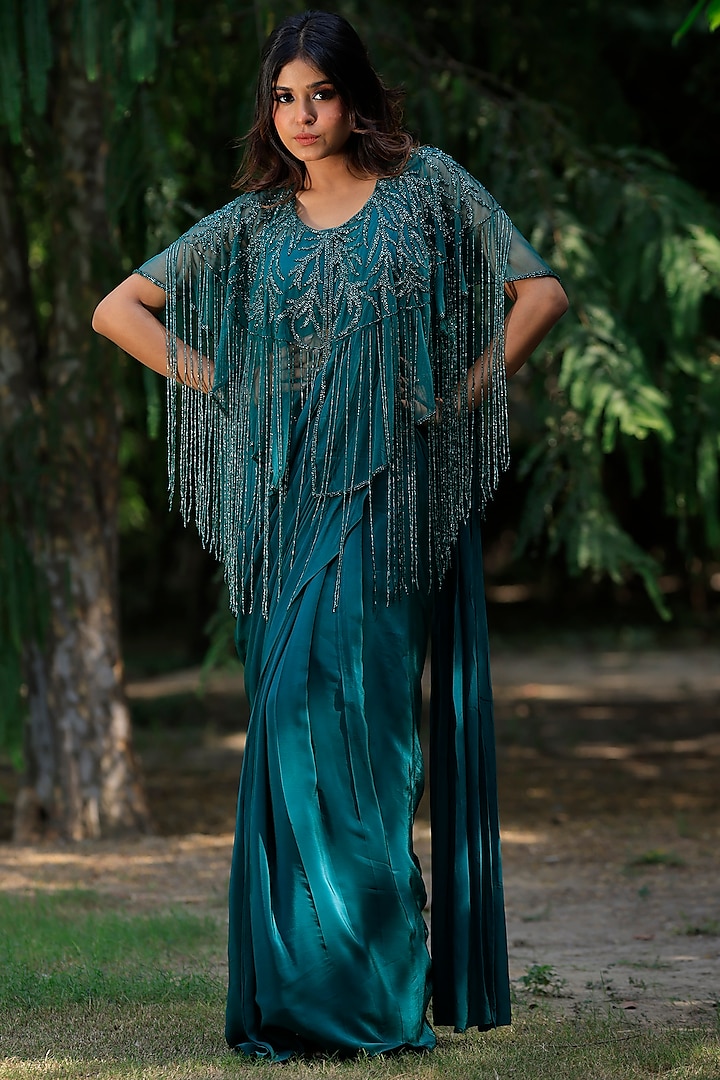 Green Viscose Crepe Draped Wedding Saree Set by Sangeeta Swati at Pernia's Pop Up Shop