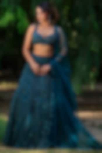 Peacock Green Viscose Crepe & Net Embroidered Wedding Lehenga Set by Sangeeta Swati at Pernia's Pop Up Shop