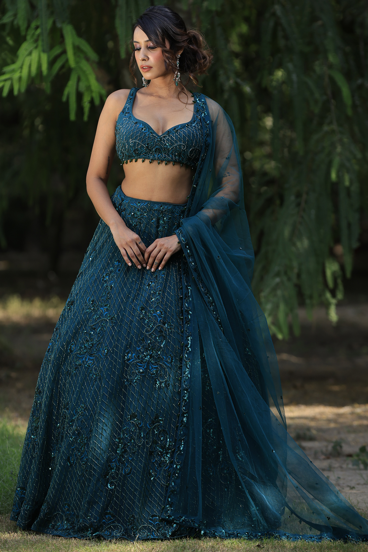 Peacock Green Viscose Crepe & Net Embroidered Wedding Lehenga Set by Sangeeta Swati at Pernia's Pop Up Shop