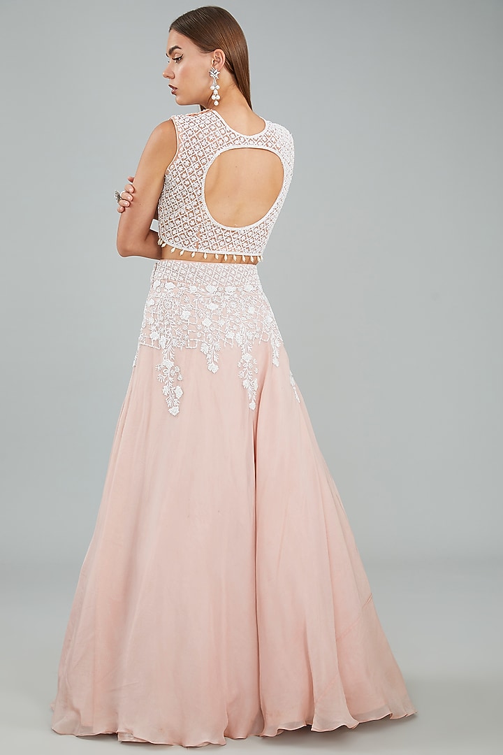 Peach Viscose Organza Cutdana & Sequin Hand Embellished Wedding Lehenga Set by Sangeeta Swati at Pernia's Pop Up Shop