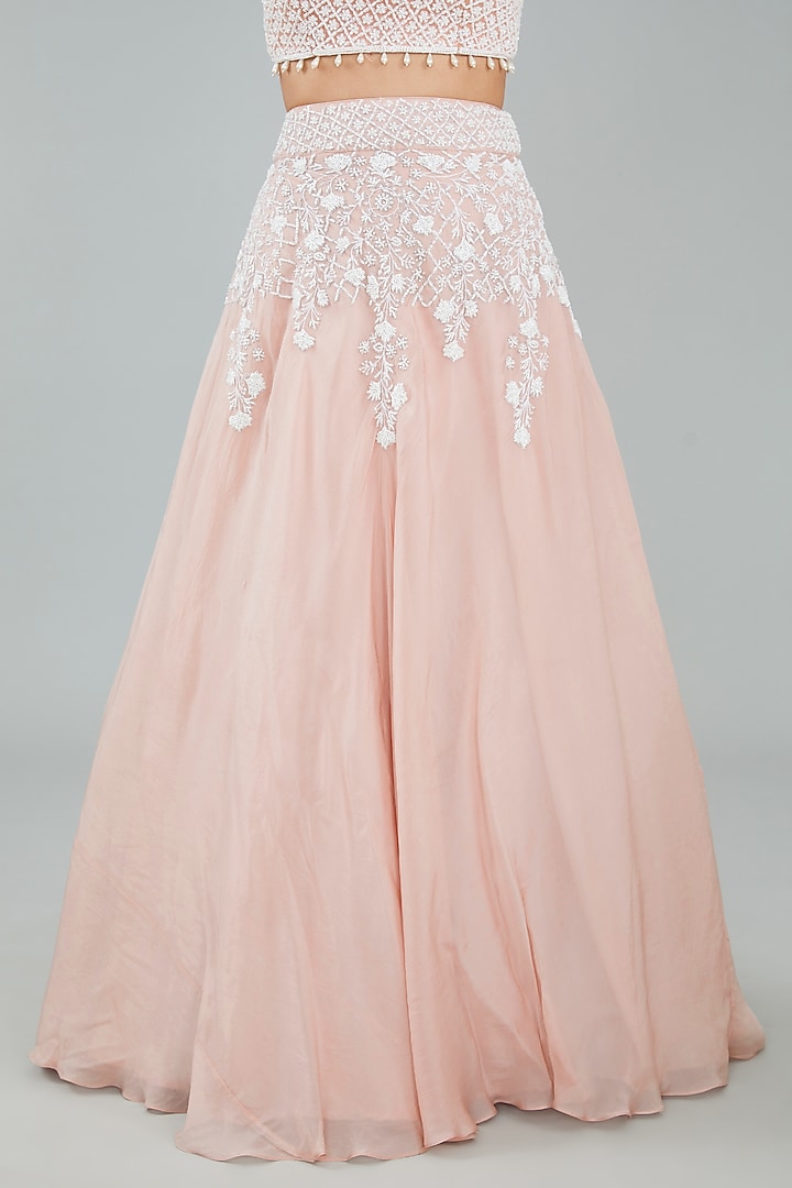 Peach Viscose Organza Cutdana & Sequin Hand Embellished Wedding Lehenga Set by Sangeeta Swati at Pernia's Pop Up Shop