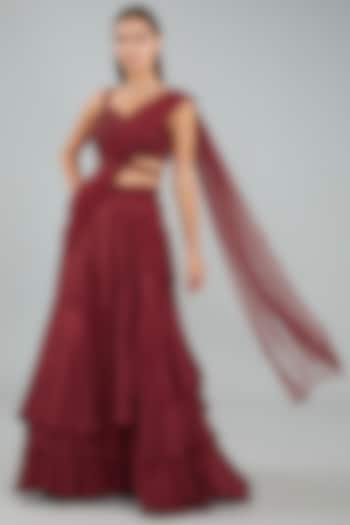 Red Viscose Crepe Crystal Hand Embellished Layered Drape Lehenga Set by Sangeeta Swati