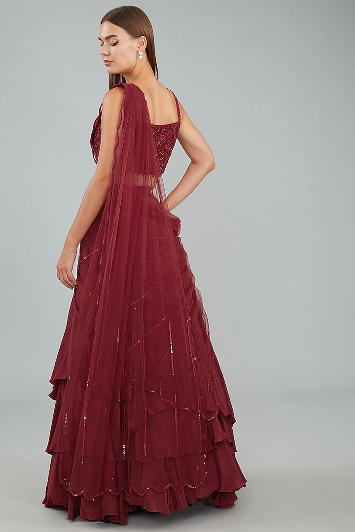 Red Viscose Crepe Crystal Hand Embellished Layered Drape Wedding Lehenga Set by Sangeeta Swati at Pernia's Pop Up Shop