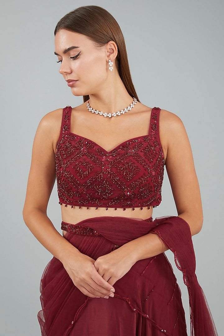 Red Viscose Crepe Crystal Hand Embellished Layered Drape Wedding Lehenga Set by Sangeeta Swati at Pernia's Pop Up Shop