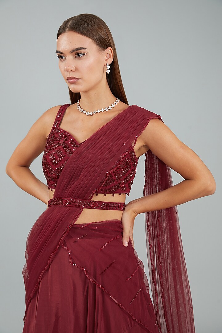 Red Viscose Crepe Crystal Hand Embellished Layered Drape Wedding Lehenga Set by Sangeeta Swati at Pernia's Pop Up Shop